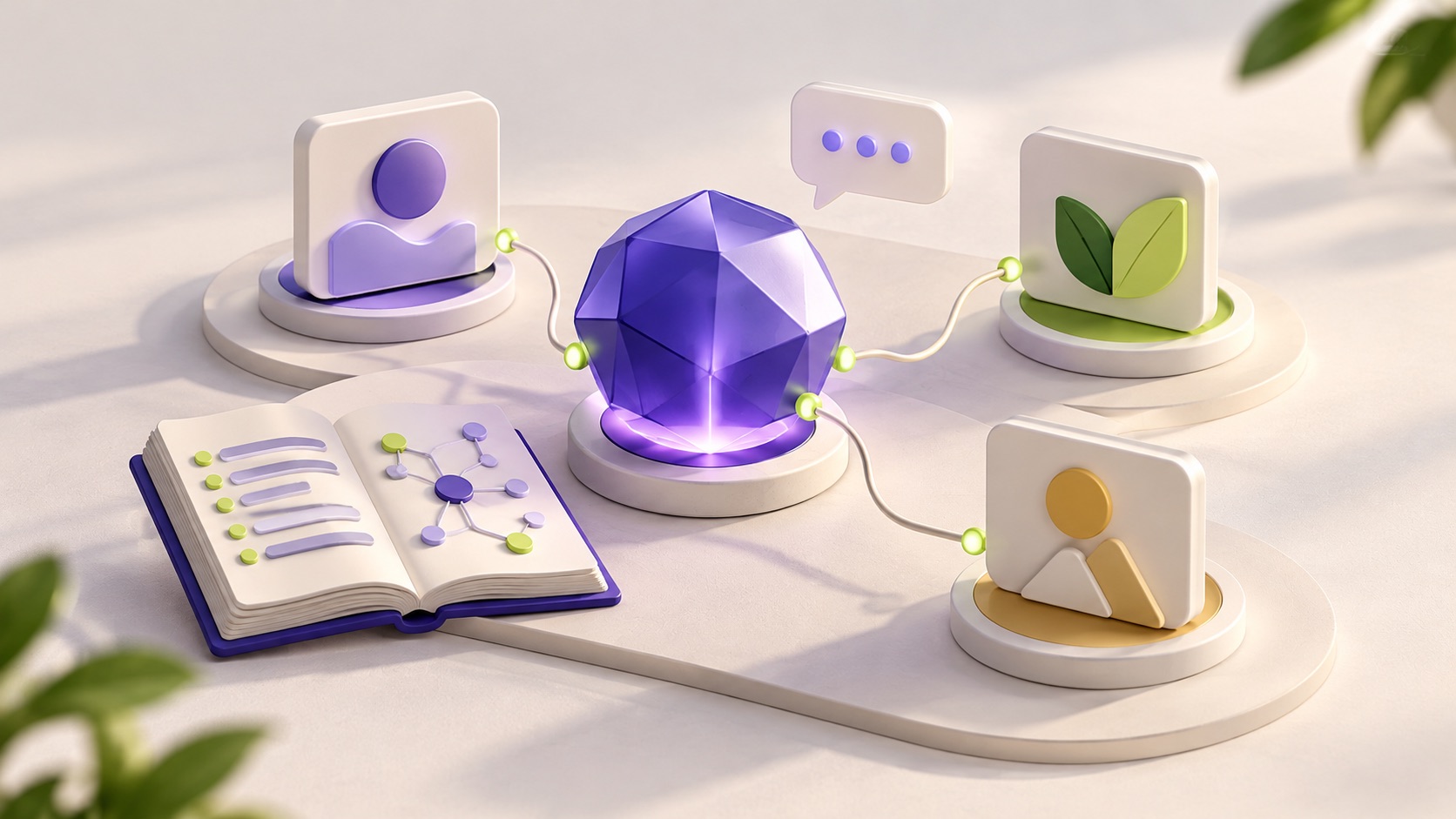 An AI core connected to three brands and a knowledge base.
