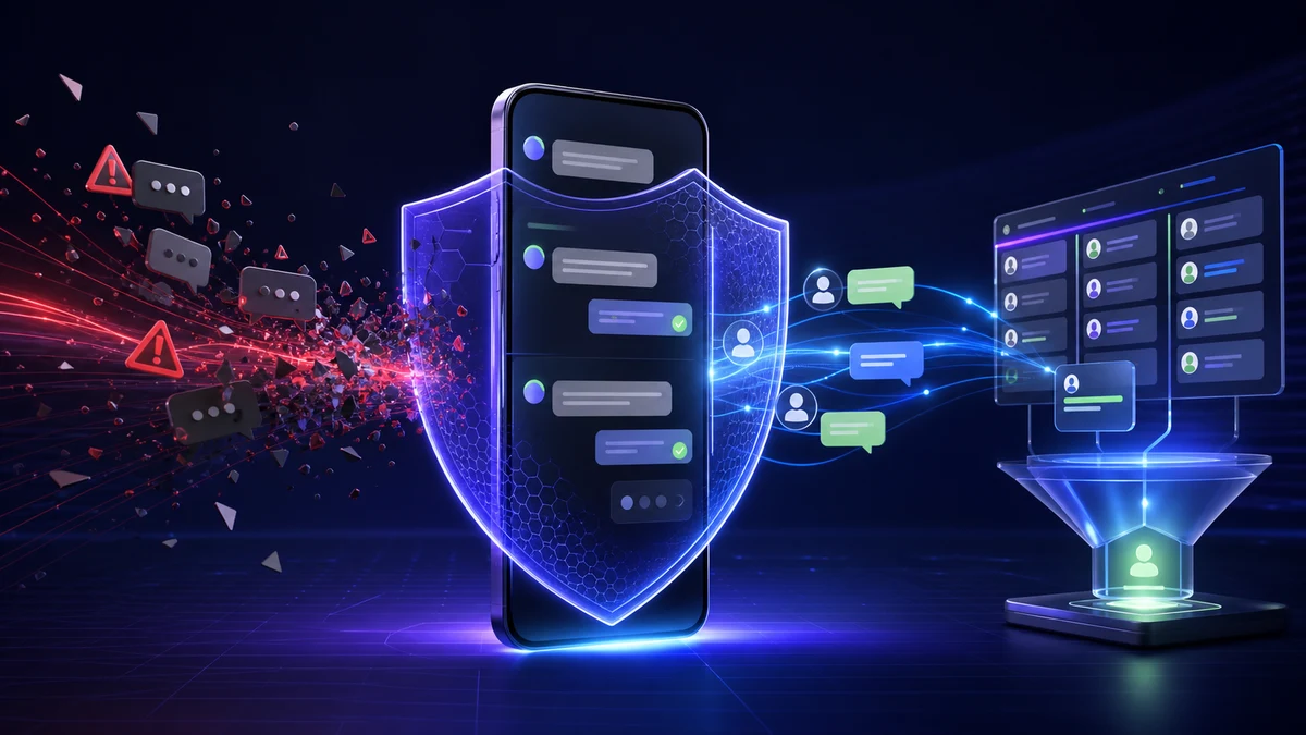 Celular empresarial protegido por um escudo digital contra mensagens de spam e alertas
