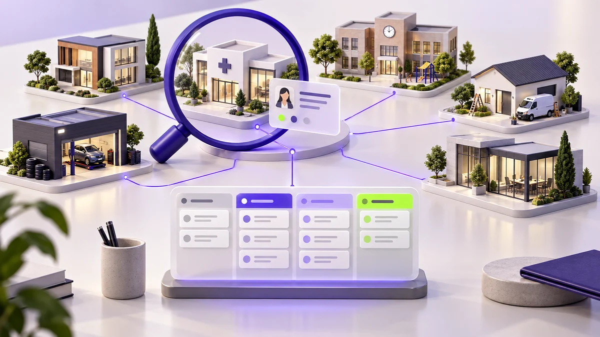Lupa roxa destaca uma empresa entre diferentes nichos conectados a um quadro de CRM, em uma ilustração tridimensional.