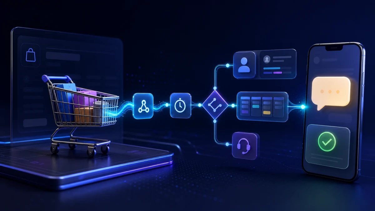 Carrinho de compras conectado por webhook a um workflow, CRM, atendimento e mensagem de recuperação