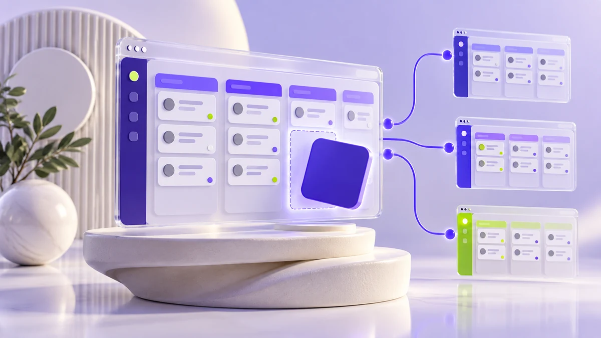 Ilustração de uma plataforma de CRM personalizável conectada a ambientes de diferentes clientes.