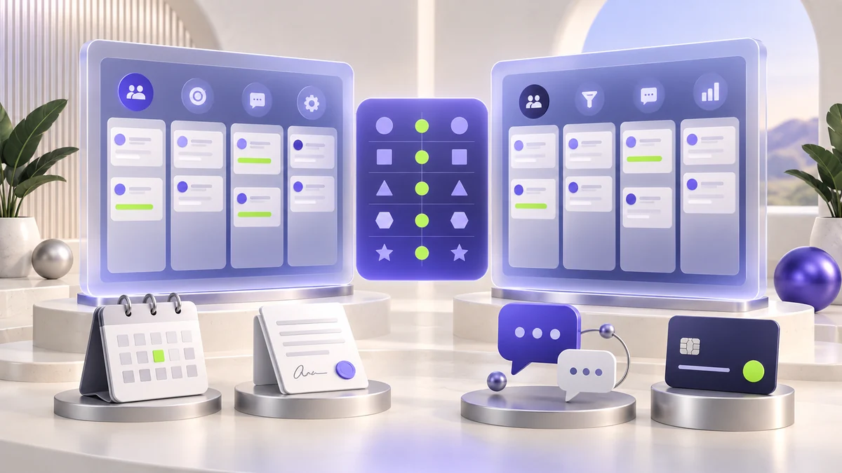 Dois painéis de CRM lado a lado com uma matriz central de comparação e símbolos de agenda, documentos, conversa e pagamento.