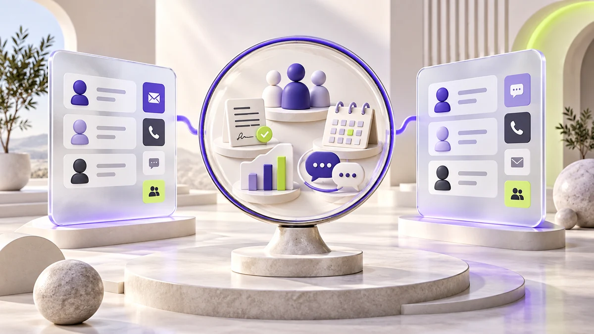 Lupa central revela equipe, documentos, agenda e conversas entre dois painéis abstratos de CRM em tons de roxo.