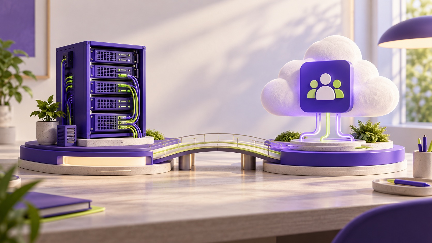 A private server and cloud platform connected in a violet white-label infrastructure illustration.