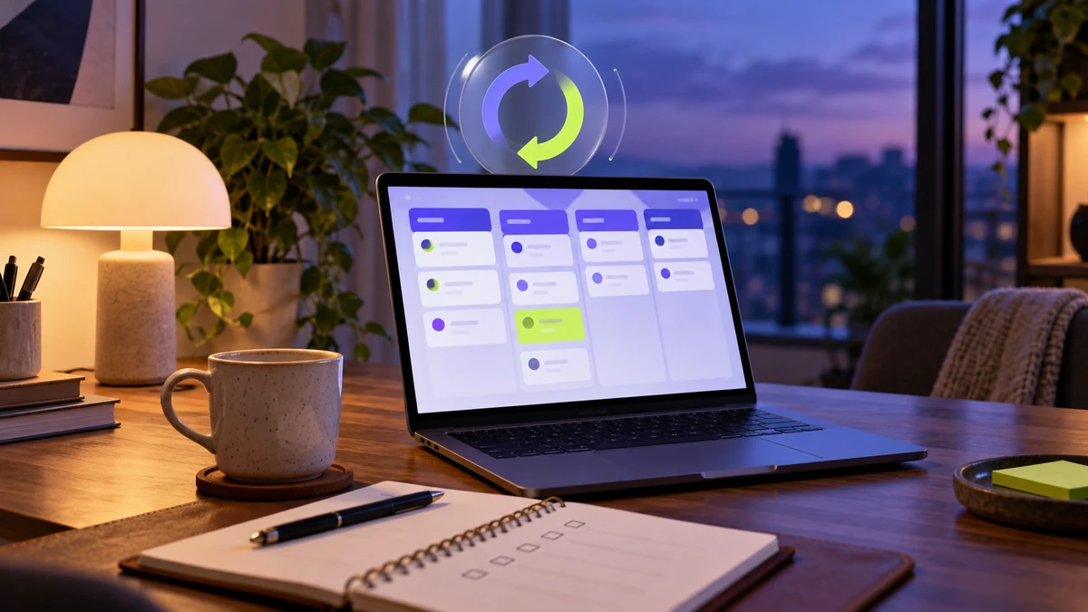 Notebook com um funil comercial ilustrado em uma mesa de trabalho ao entardecer, com agenda e luminária.