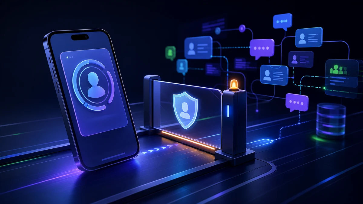 Celular com identidade digital diante de uma barreira de segurança conectada a uma operação de atendimento