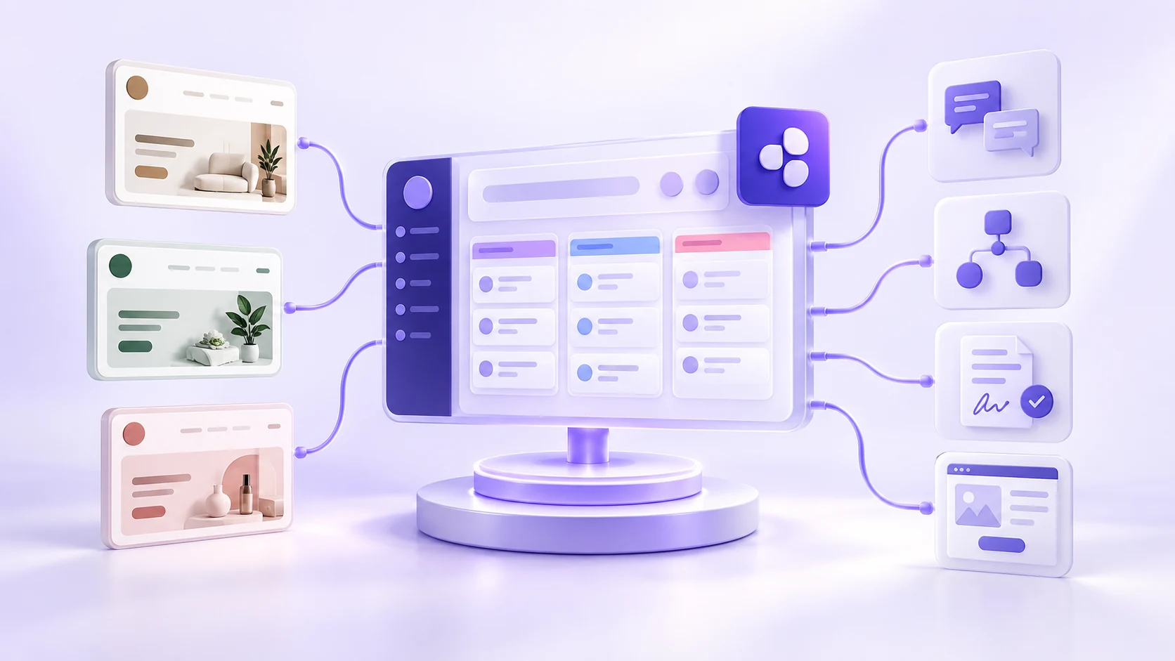 Plataforma de CRM roxa conectada a três marcas e a símbolos de conversas, automações, assinatura de documentos e landing pages.