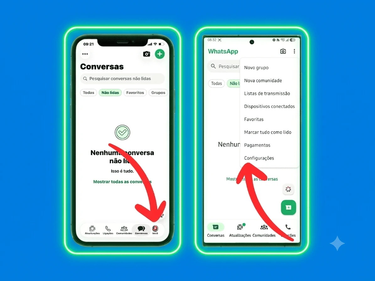 Caminho para abrir as configurações do WhatsApp no iPhone e no Android