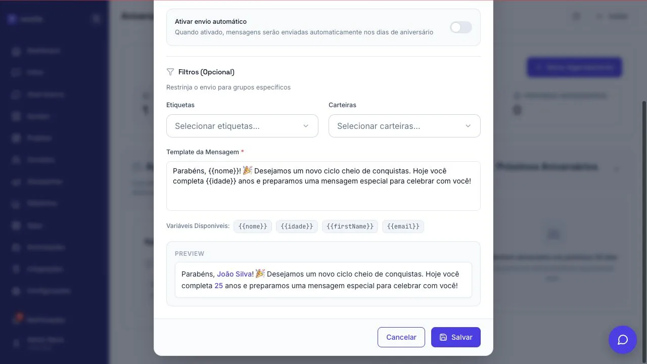 Pré-visualização da mensagem de aniversário