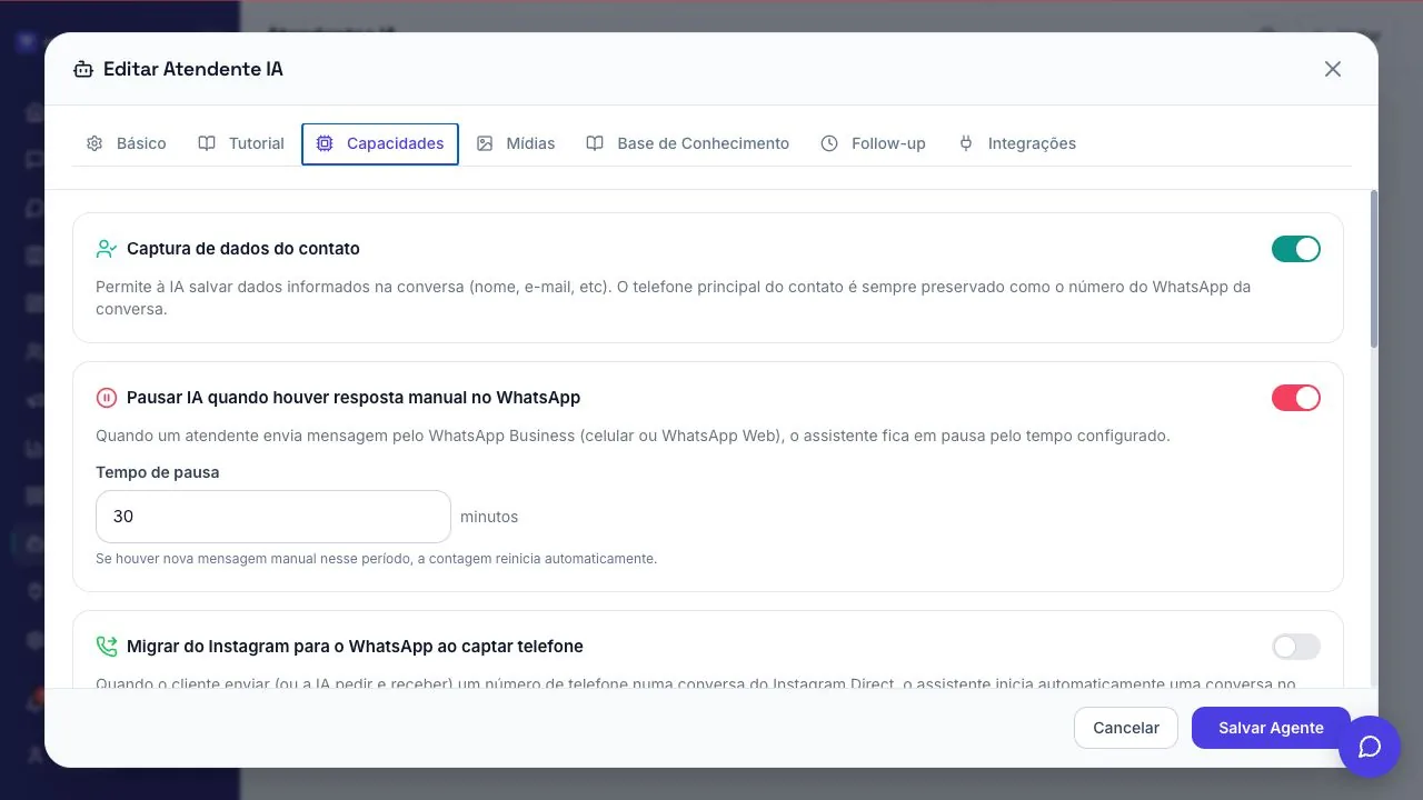 Painel de capacidades do agente de IA