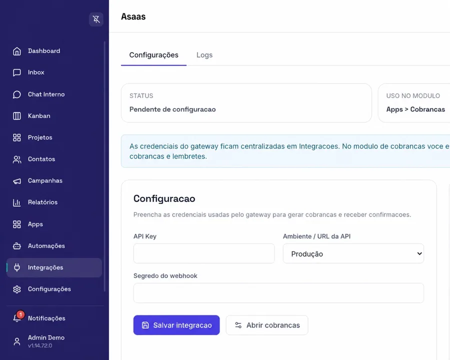Tela de configuração da integração com o Asaas