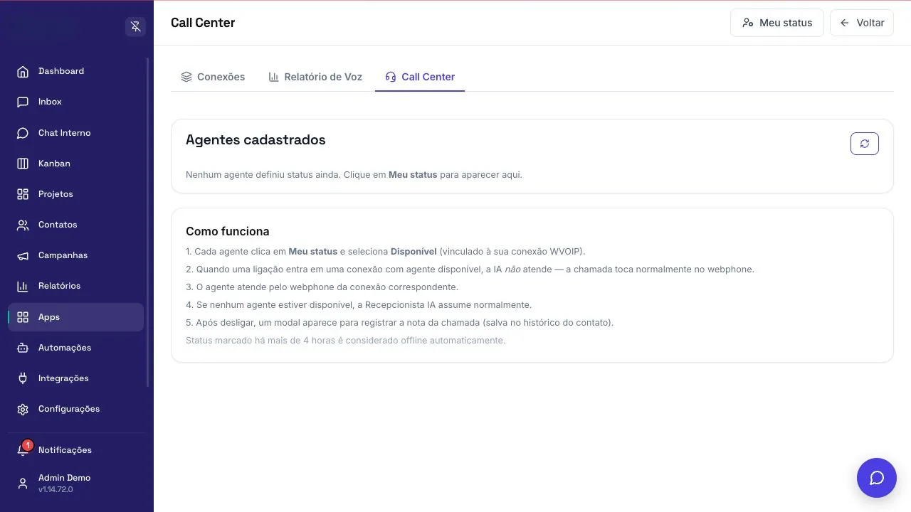 Tela de call center com ligações do WhatsApp