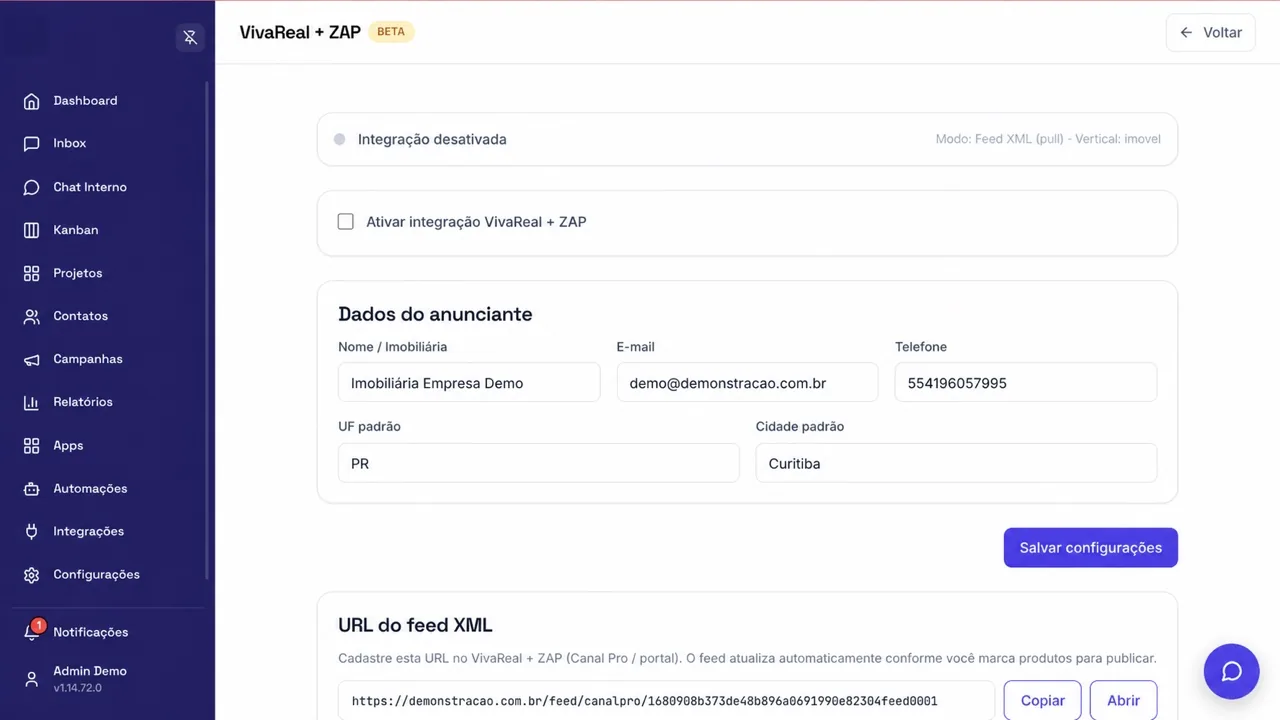 Configuração da integração com o Canal Pro (VivaReal e ZAP)