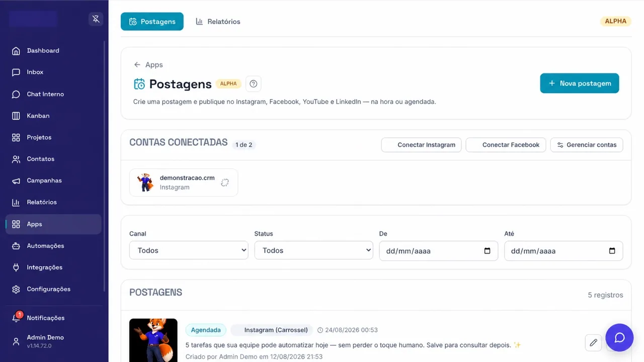 Calendário de postagens de social media