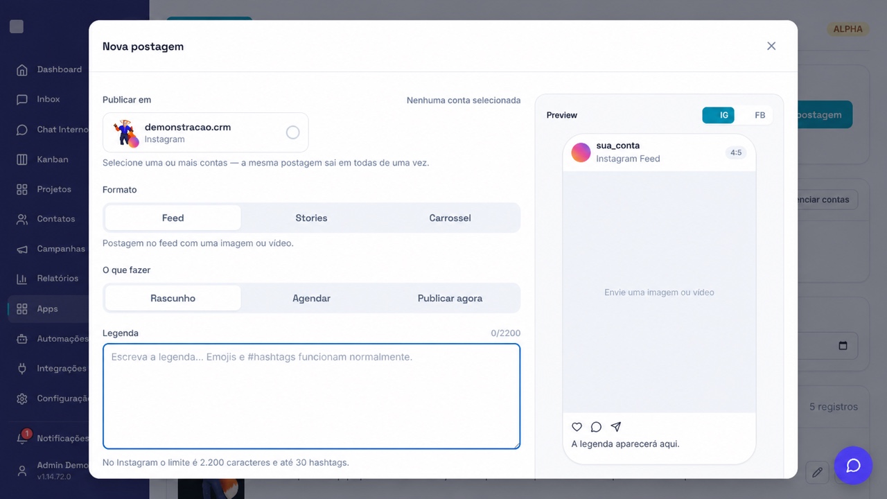 Editor de nova postagem com formato, agendamento e prévia do Instagram