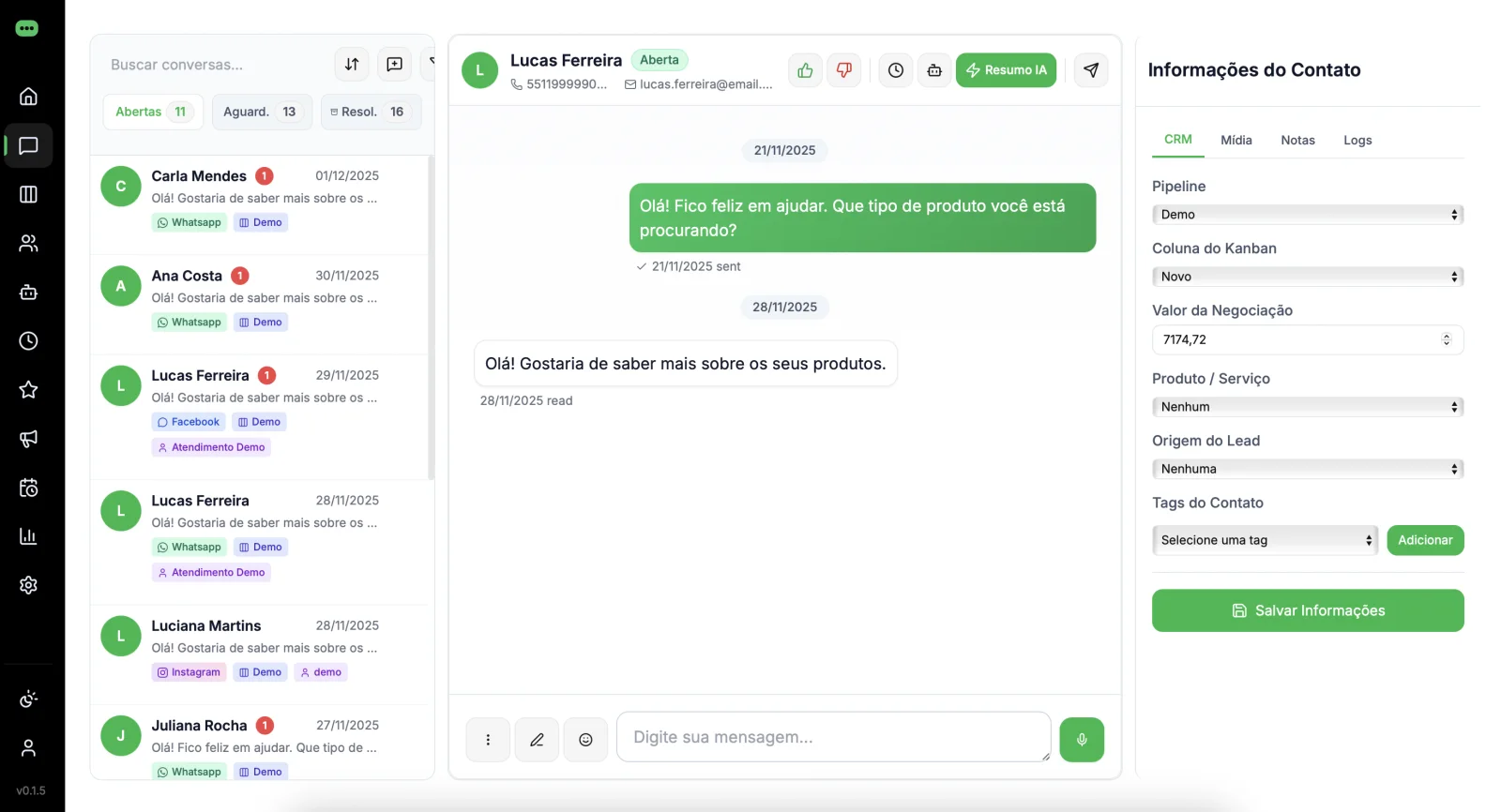 Inbox unificado para atendimento dos clientes